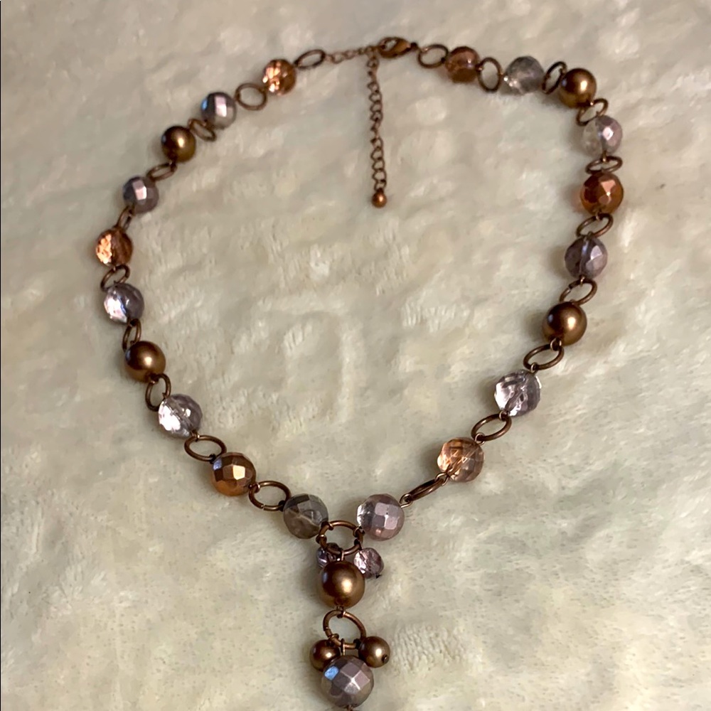 Copper and Silver Toned Beaded Choker Necklace With Dangle and Extender